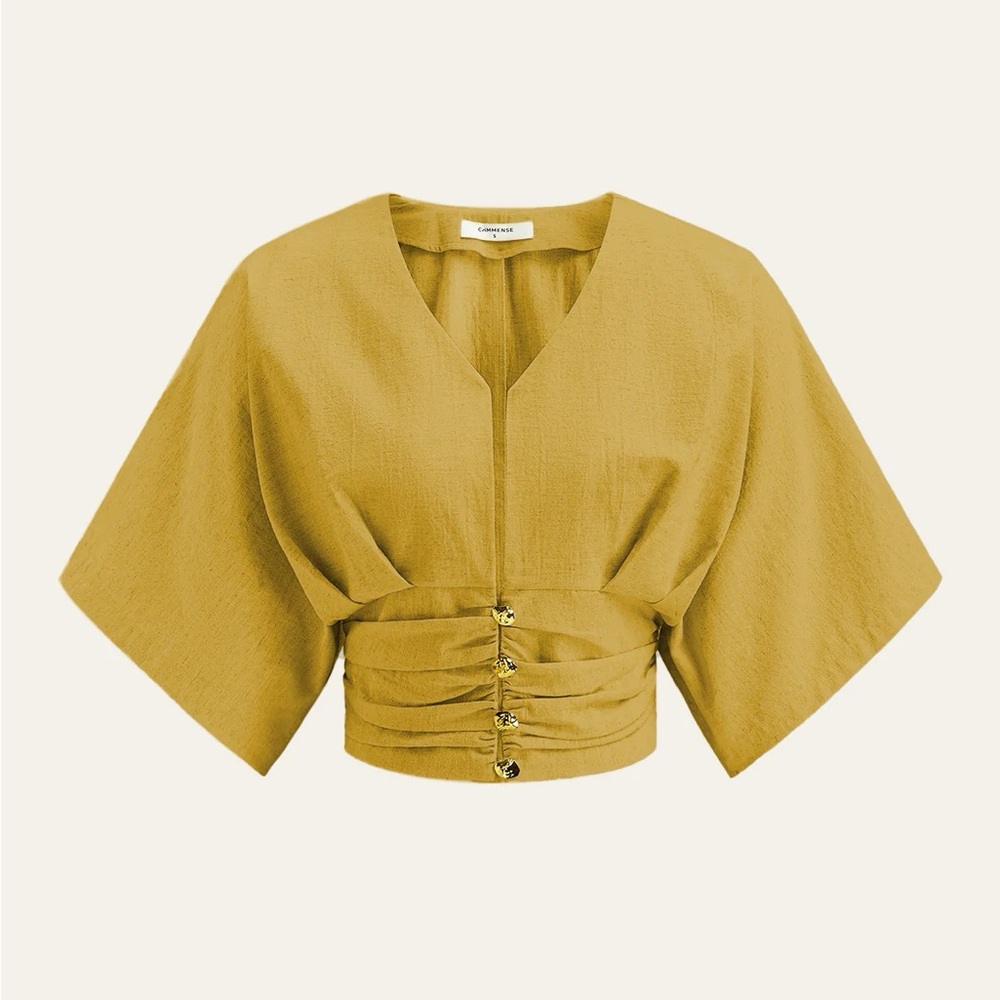 Commense Mustard Cotton & Linen Kimono Sleeve Button Blouse Size M NWT